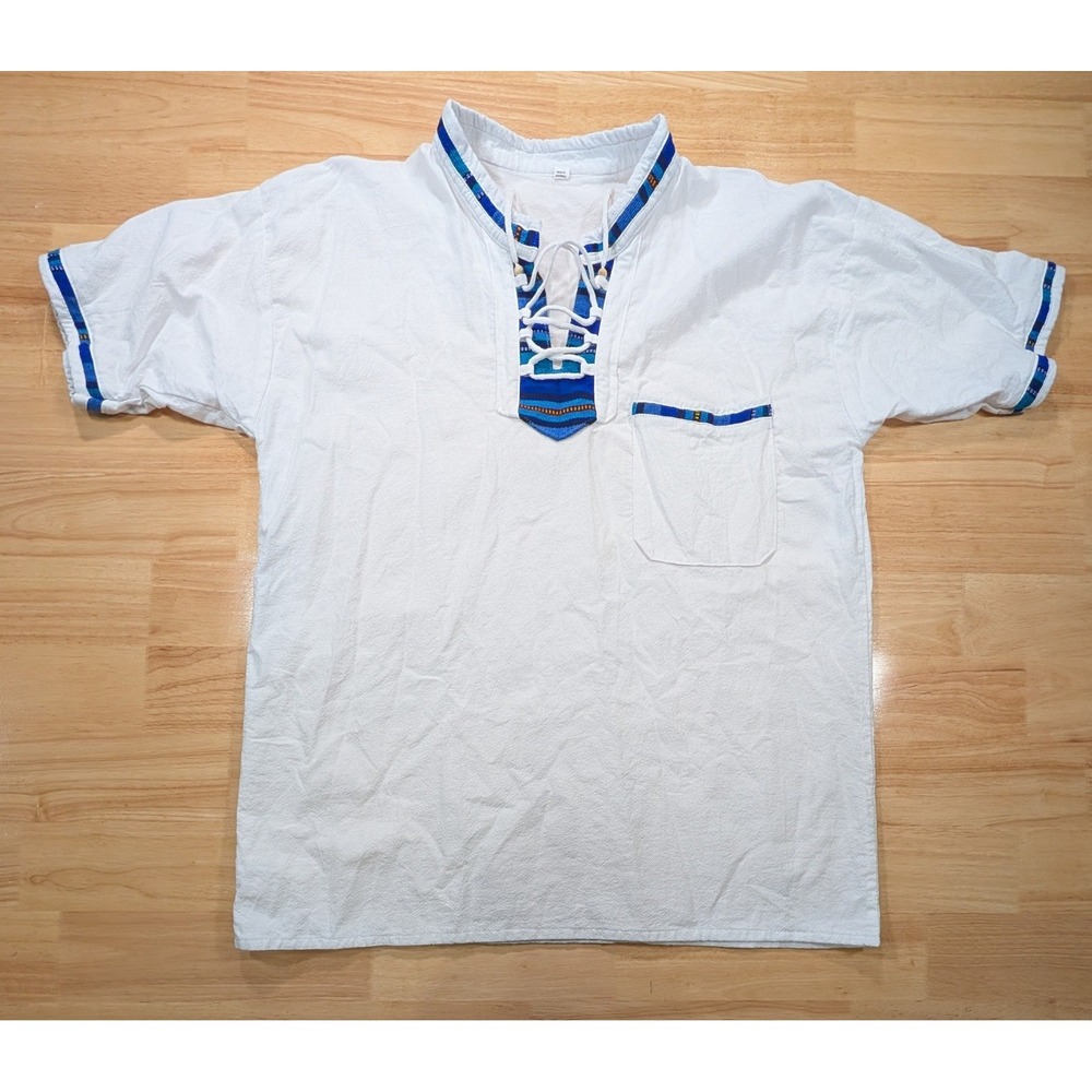 Mens XL White Cotton Gauze Lace Up Shirt Blue Mayan Embroidery Guatemala Boho